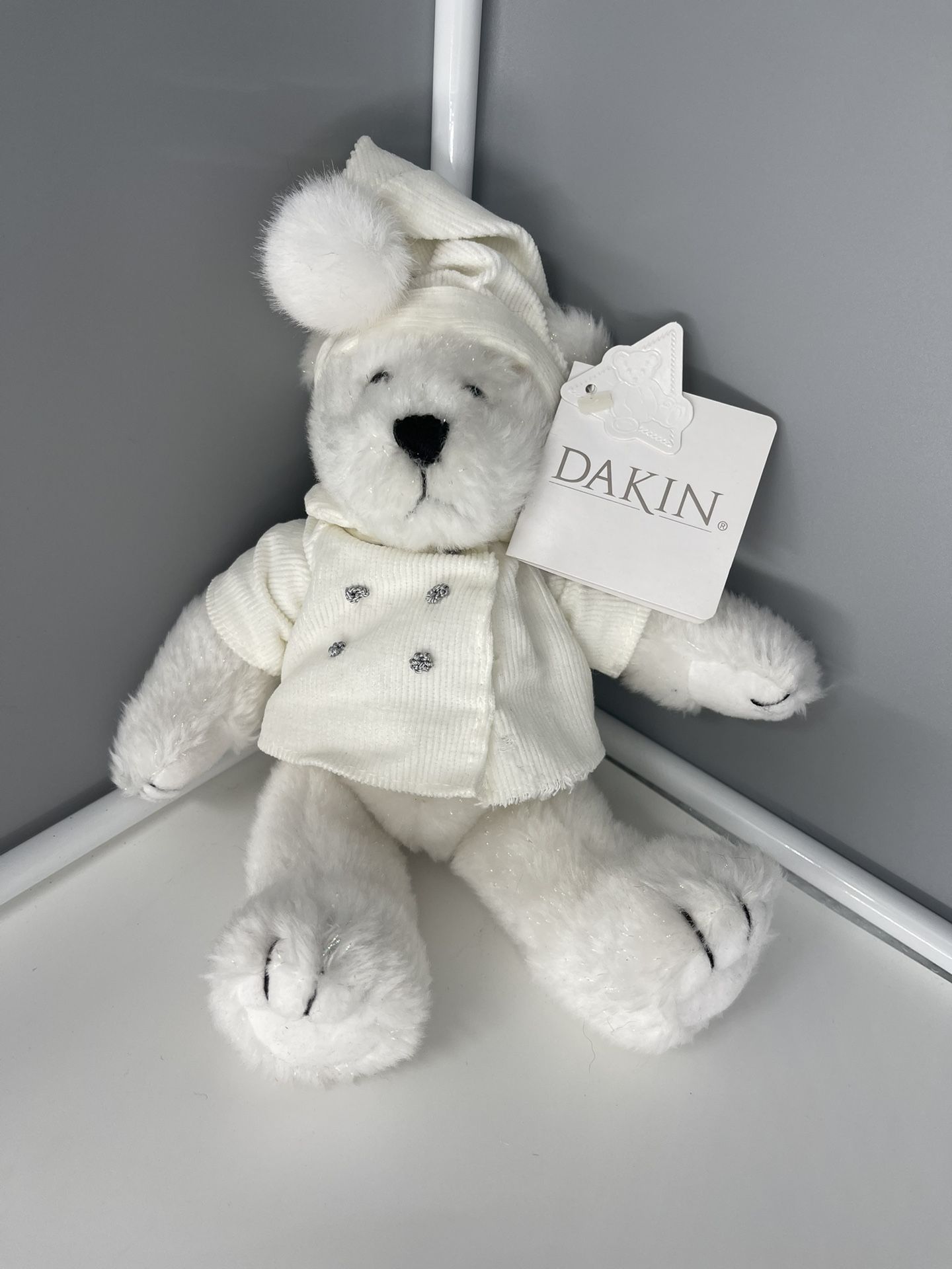 Dakin Snow Bear White Glitter Bear Corduroy Jacket/Hat Plush Stuffed Animal Tags