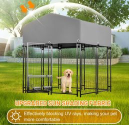 NEW in BOX! 2 in 1 combo! Indoor outdoor Heavy duty 4x4 dog kennel & pet fence w/ roof tarp, feed door & bowls All weather corral de mascota