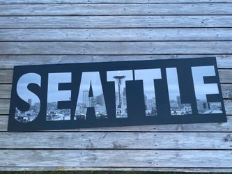 Panoramic View of Seattle Behind City Name Canvas Wall Decor 47”x15”
