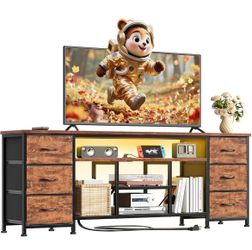 New -63 Inch LED TV Stand, Entertainment Center, Rustic Brown Fabric Drawers