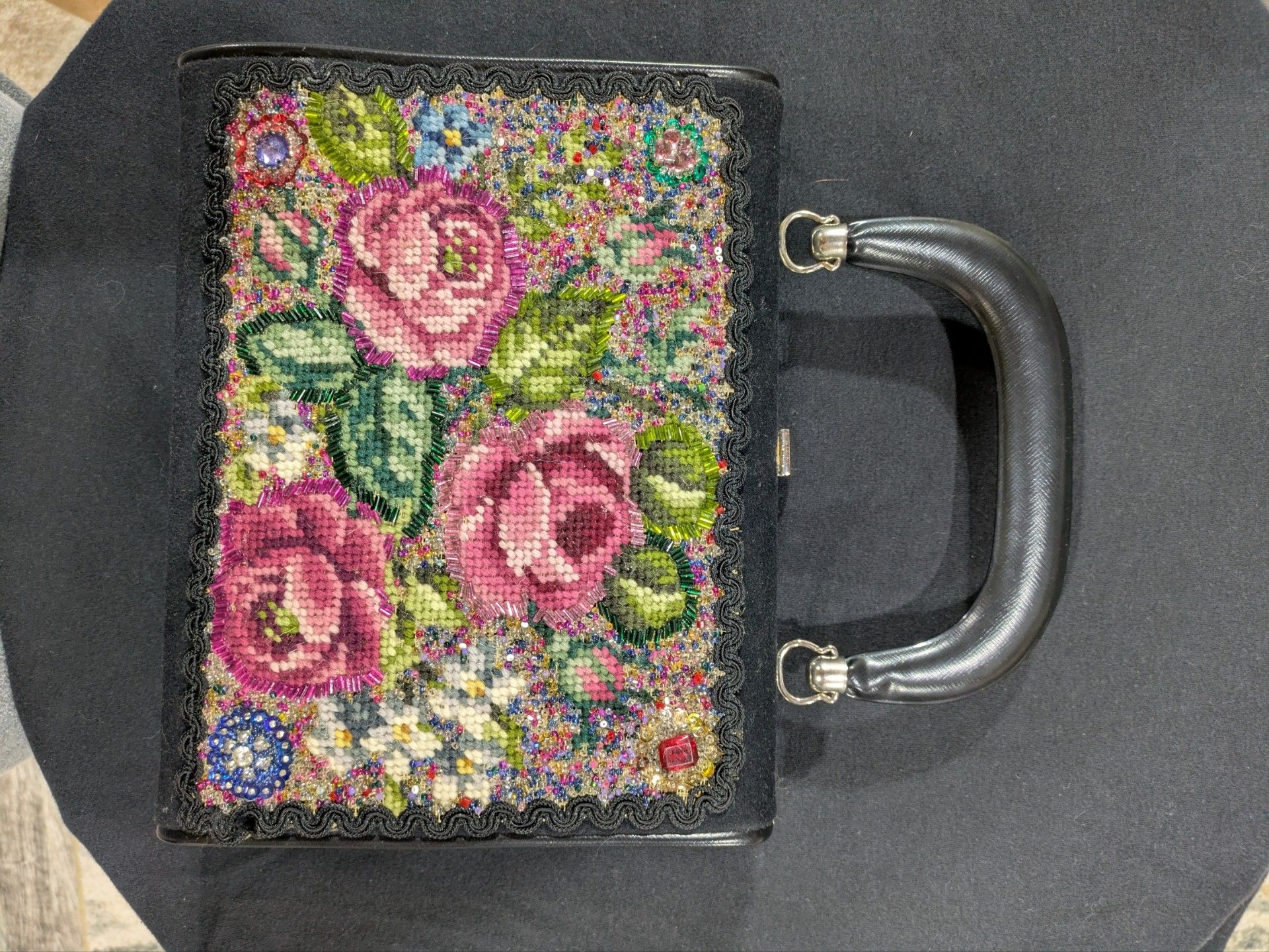 Vintage needlepoint black w/floral and beaded handbag