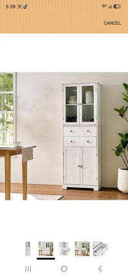White Tall Storage Cabinet with Glass Doors