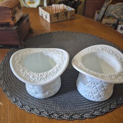 Two Fenton button and daisy milk glass top hat vases