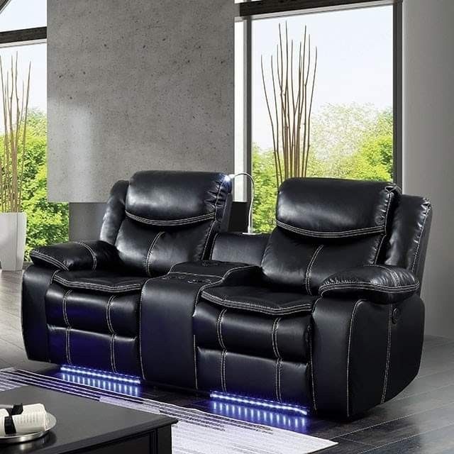 BLACK BREATHABLE LEATHER LOVESEAT RECLINERS STORAGE CONSOLE CUP HOLDER USB LED LIGHTS SILLON RECLINABLE LUCES