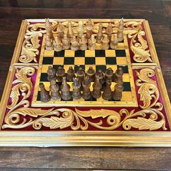 Ornate wooden chess set