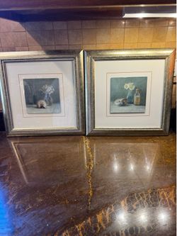Lot 2 Framed Brushed silver Art "White Flower Spa" 14" x 14" Made in USA