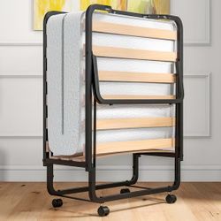 Gymax Portable Foldable Guest Bed w/ Solid Wood Slats & Metal Frame Rollaway Bed Cot Size for Adults w/ Wheel