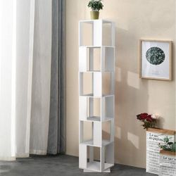 Living Room 6-Tier Rotating Wood Bookcase Tall Corner Bookshelf Floor Standing 360° Swivel Spining Shelf Book Storage Rack Bedroom Home Office Decor