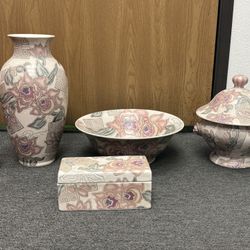 Set Of 4. Porcelain Box Bowl Vase Jar 