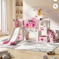 "Pink 🩷 8 in 1 Toddler Slide Set - Kids Slide with Basketball Hoop, Playset for Kids with Easy Climb Stairs & Storage, Toddler Indoor Outdoor Playgro