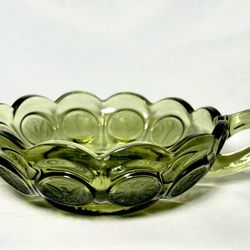 Vintage Fostoria Coin Glass Green Scalloped Candy Nut Dish with Handle