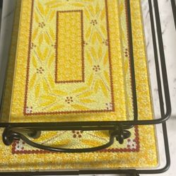 3 Casserole Tempered yellow glass trivets and metal baskets