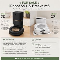 USED iRobot Roomba S9+ (Black) + Braava Jet M6 (White) For Sale