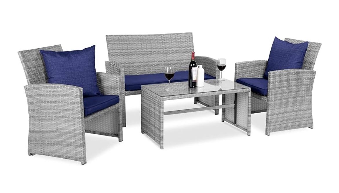 Gray/ Navy 4-piece Outdoor Wicker Patio Furniture