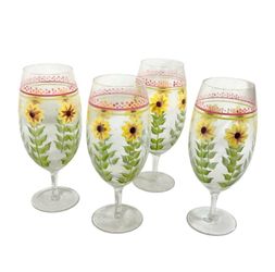 Pfaltzgraff Pistoulet Wine Glasses Set 4 Sunflower Hand Painted Goblet 16 oz