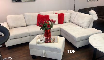 Ivory Color Corduroy Sectional Sofa w/USB +Storage Ottoman (New In Box) 