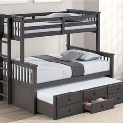 Brand New Grey Twin Over Full Bunk Bed w Trundle Bed + Drawers