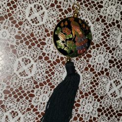 VINTAGE DOUBLE SIDED PEACOCK BIRD CLOISONNE ENAMEL FRINGE ORIENTAL PENDANT CHARM LOCKET JEWELRY COLLECTABLE