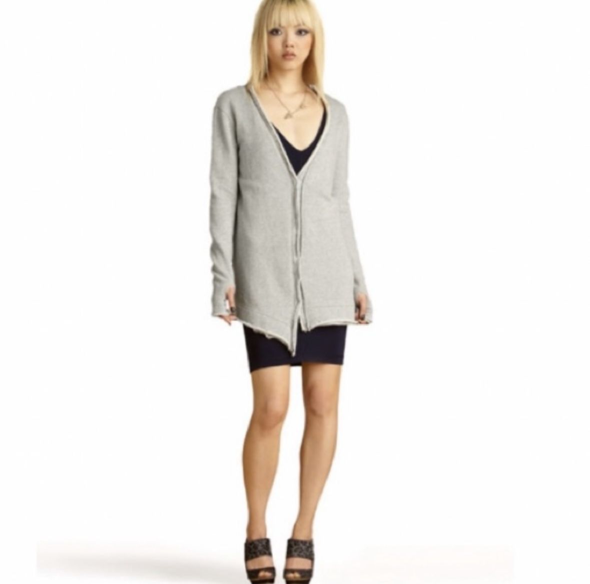 Rachel Roy Gray Thumbhole Button-Up Sweater (Size Small)