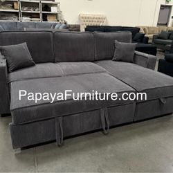 New! 89”L Reversible Grey corduroy Sectional Sofa Bed, Sectional Sofa Bed, Grey Sofa, Sleeper Sofa, Grey Couch, Reversible Sectional, Sectional Sofa