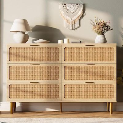 Natural Rattan 6 Drawer Dresser with Metal Handles and Storage Compartments for Bedroom and