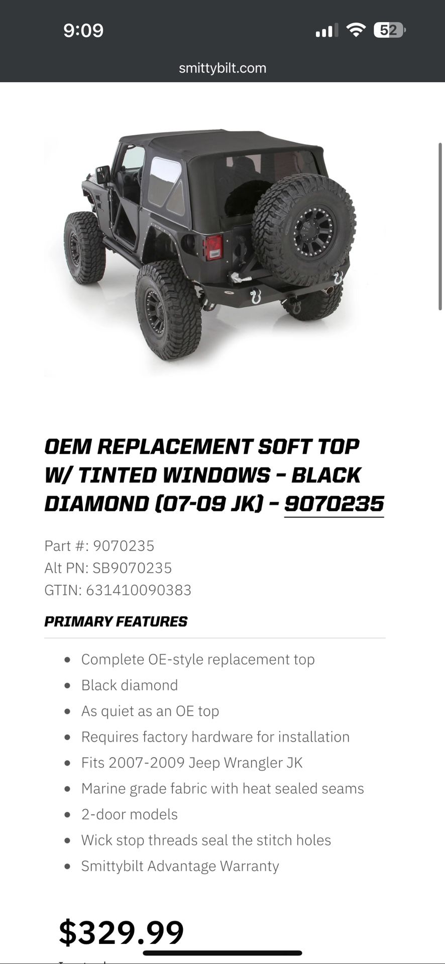 REPLACEMENT SOFT TOP W/ TINTED WINDOWS 2007-2009 JEEP WRANGLER