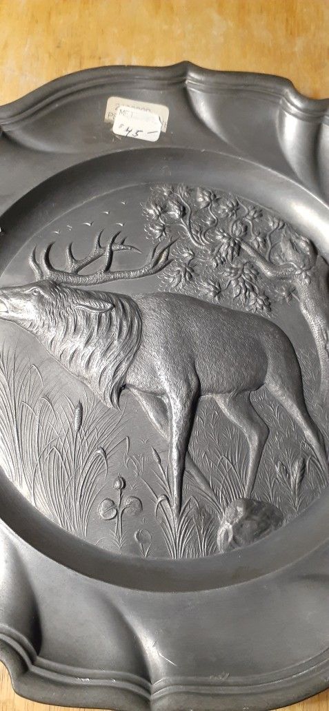 9 " Vintage Pewter Elk / Deer Wall Plate