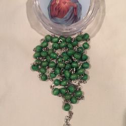 Beautiful Large Wooden Green Rosary With Storage Container.