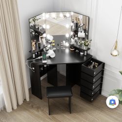 Garvee Corner Makeup Vanity Desk with Lights & Power Outlet - Spacious Tri-Folding Mirror, Adjustable Brightness, 5 Rotating Drawers, Ample Storage, S