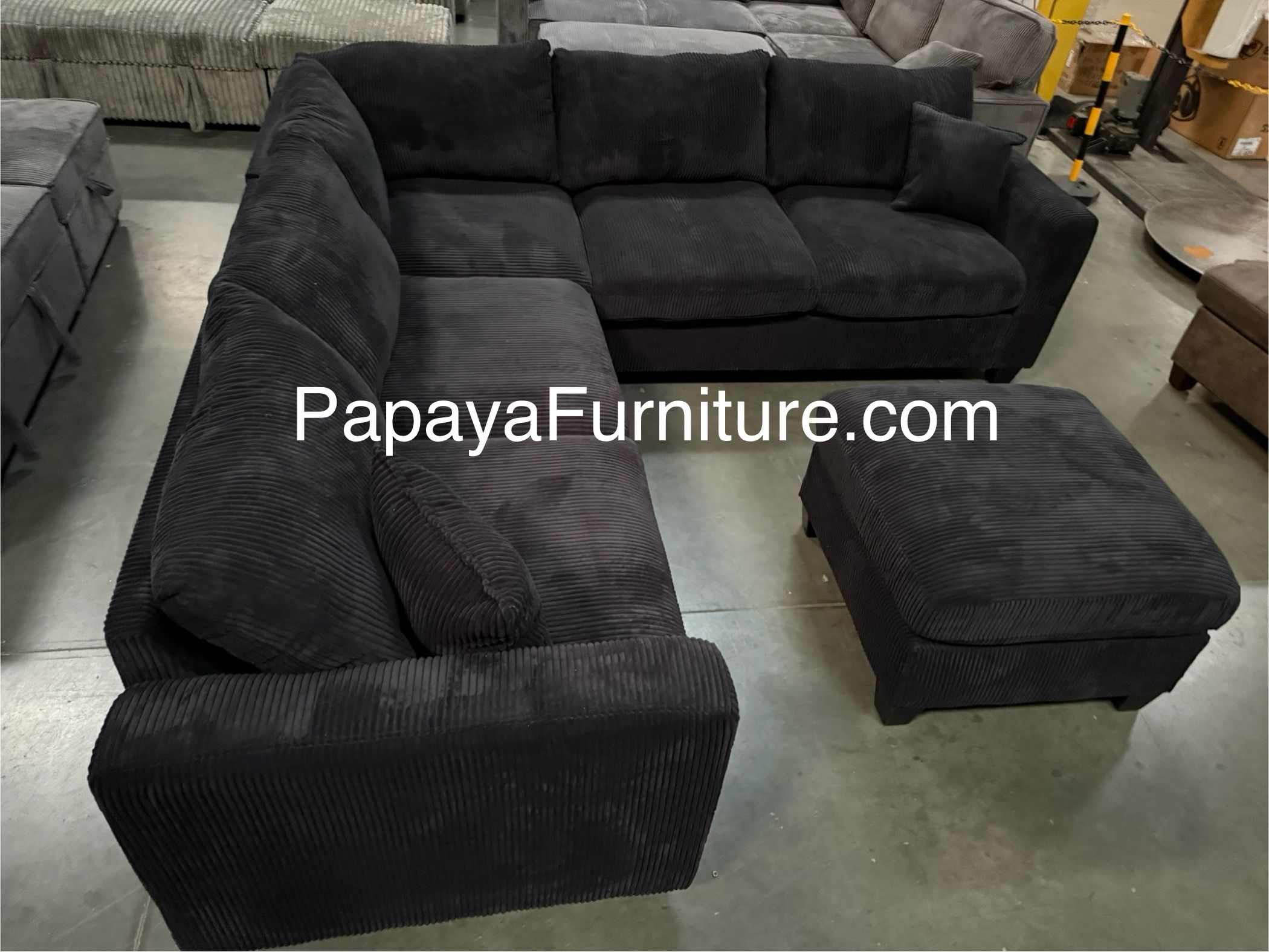 New! Black Sectional Sofa And Ottoman, Black Couch, Black Corduroy Sectional. L-Shaped Sofa, Couch, Sectionals, Black Sofa, Black Sectional,Plush Sofa