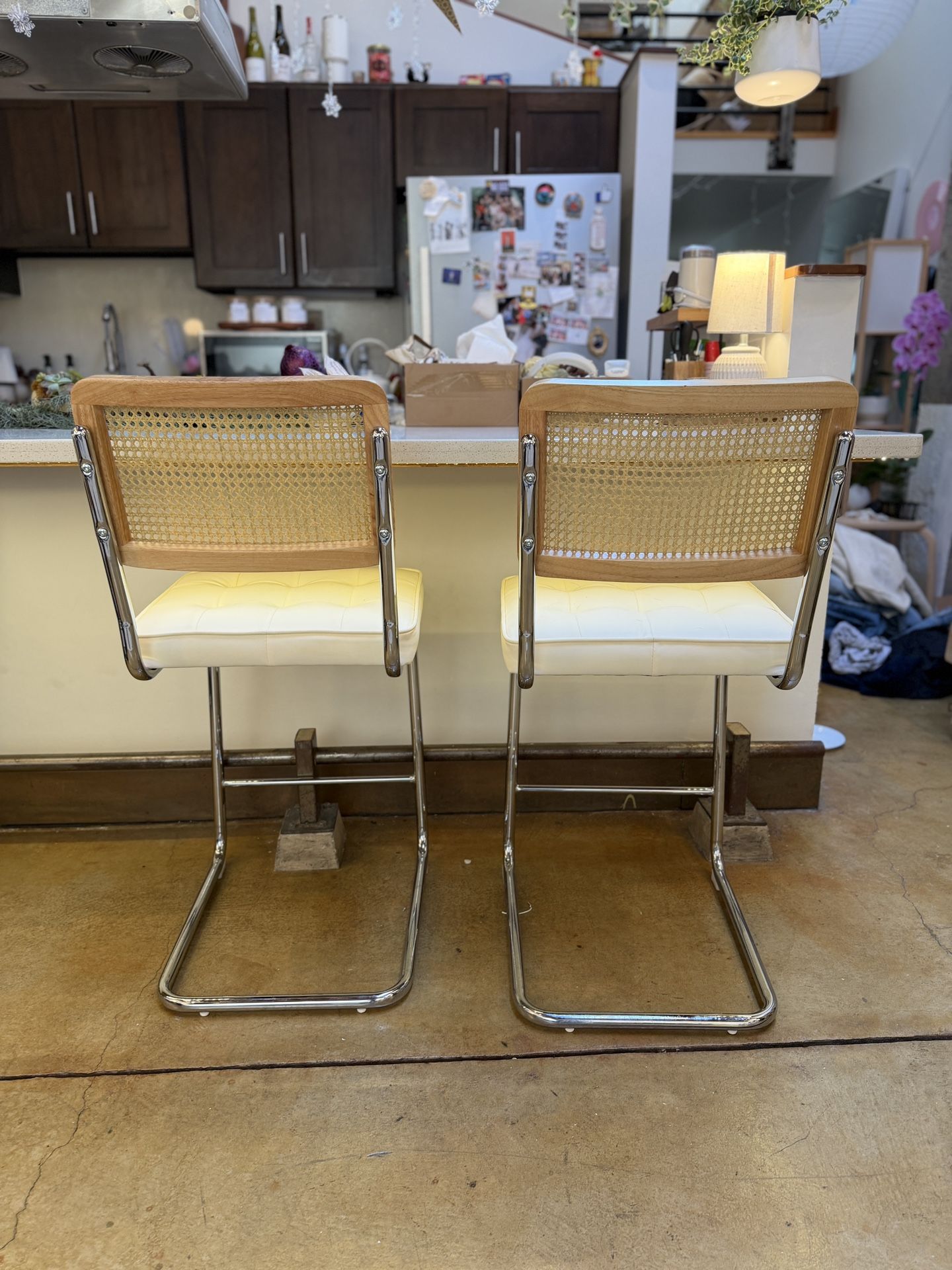 2 White Rattan Bar Stools