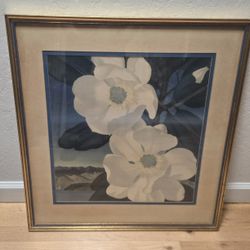 Vtg MAGNOLIA by HAINES HALL LITHO PRINT Framed 25x23" Floral Flowers