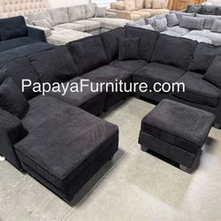 New! Reversible Large Sectional Sofa And Ottoman, Reversible Chaise Couch, Sectional, U-shaped Sofa, Sectionals Sofas, Couch,Black Sectional,Chenille 