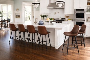 Set of 6 Brown Leather Counter Height Stools – 24” Modern Kitchen Chairs