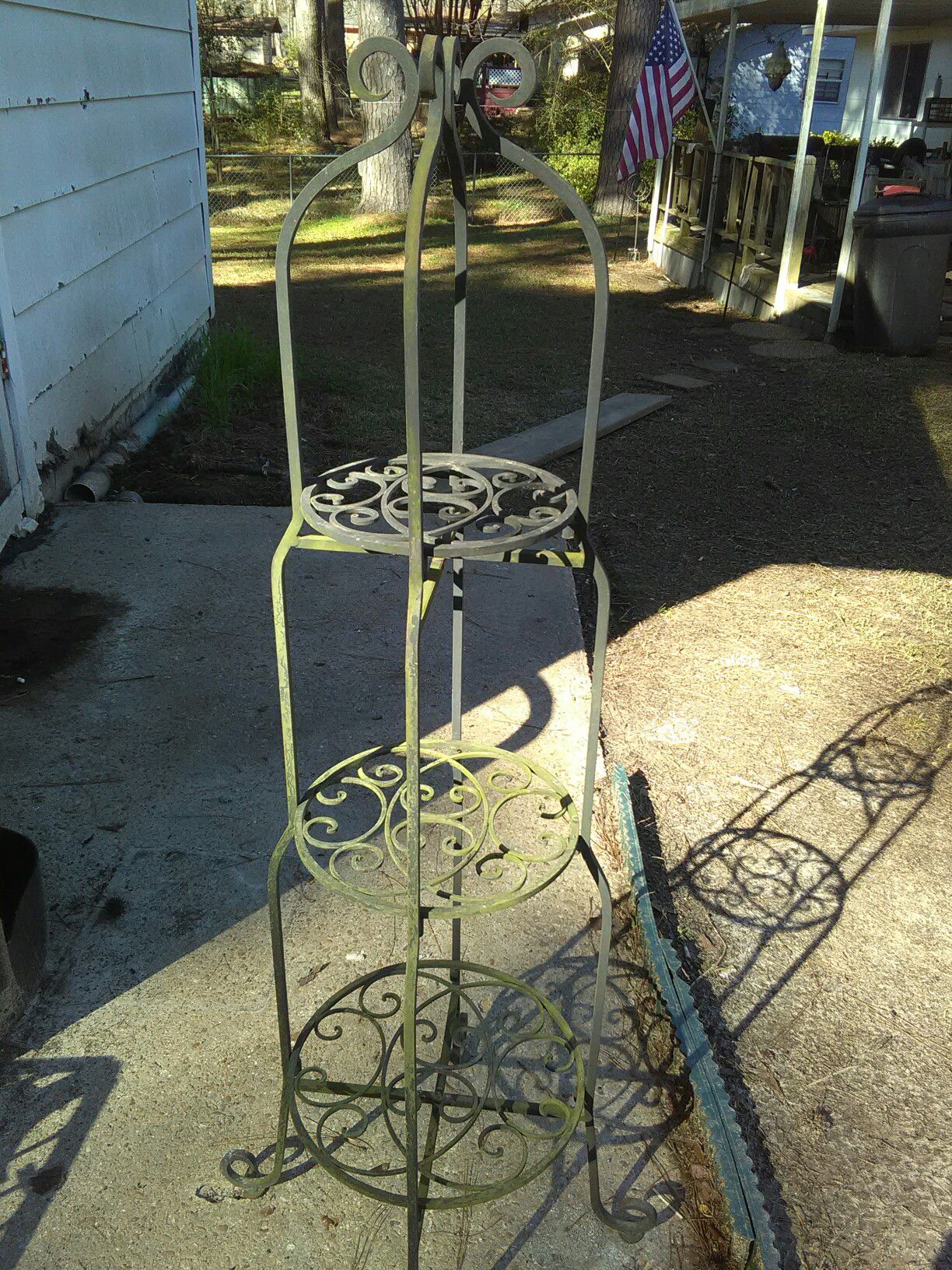 Vintage Beautiful Natural Patina Heavy Iron 3 tier Plant Stand