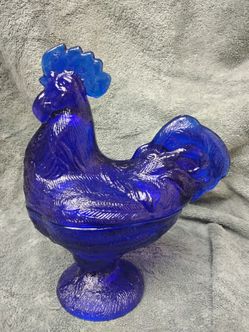 Vintage Cobalt Blue Glass Rooster Candy Dish