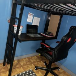 Kids Metal Bed Frame With Ladder Bookshelves And Desk