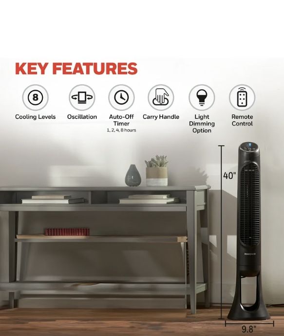 Honeywell QuietSet 8-Speed Oscillating Tower Fan Black HYF290B: Programmable Timer, Quiet Operation, ETL