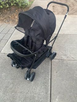 upright double lightweight travel stroller, with standing platform，Canopy，Tray Table