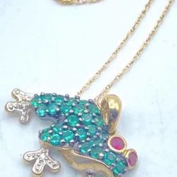 FREE SHIPPING! 10K Gold created Emerald & Ruby Frog Pendant Necklace 18” Genuine Diamonds #313