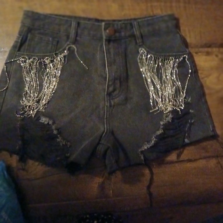 Rhinestone Strip Dangly Booty Shorts