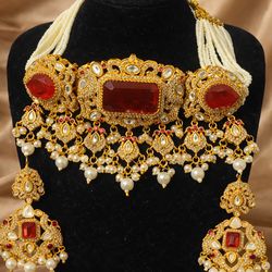 Red Gold Pearl Stone Choker Necklace Earring Set