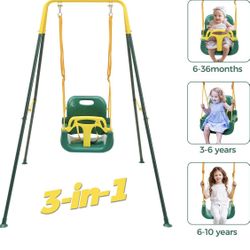 3-in-1 Toddler Swing Set Indoor/Outdoor Baby Swing with Foldable Metal Stand, Kids Swing Set for Backyard, Clear Instructions,