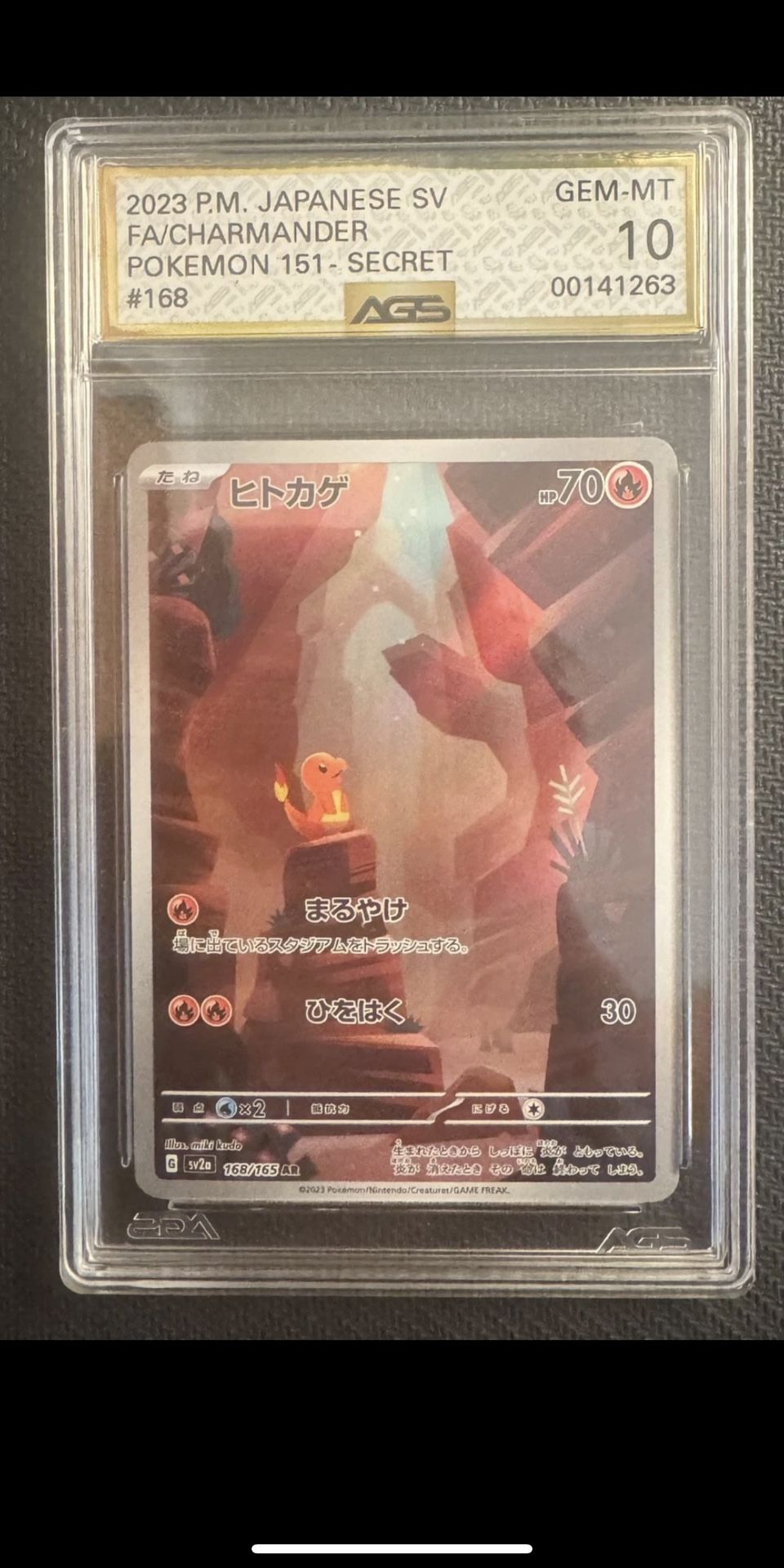 Pokemon Japanese SV 151 Charmander 168/165 AGS Gem-MT 10 Holo Secret Rare 2023