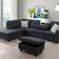 Brand New Charcoal Gray Linen Sectional With A Drop Down Table,Built In Cup Holders & Storage Ottoman 