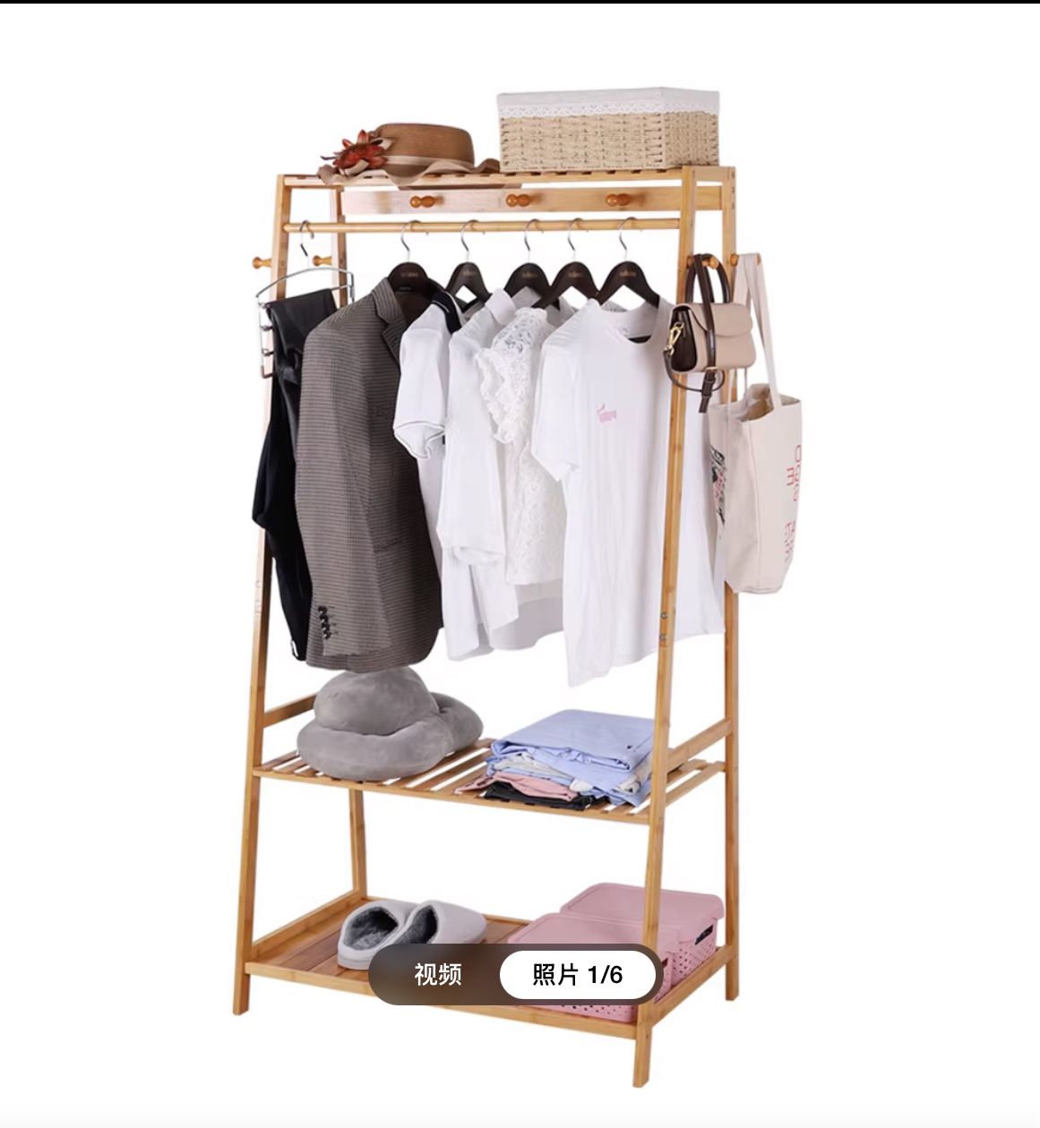 Bamboo Garment Stand Coat Clothes Hanging Rack Heavy Duty with 3 Tier Storage Shelves for Bedroom