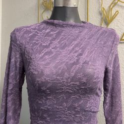 Purple Textured Floral Long-sleeve Mock Neck Top 