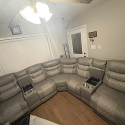 Gray Leather Power Recliner Sectional 