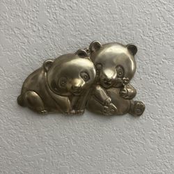 Vintage Brass Panda Bear Flower Baby Wall Decor