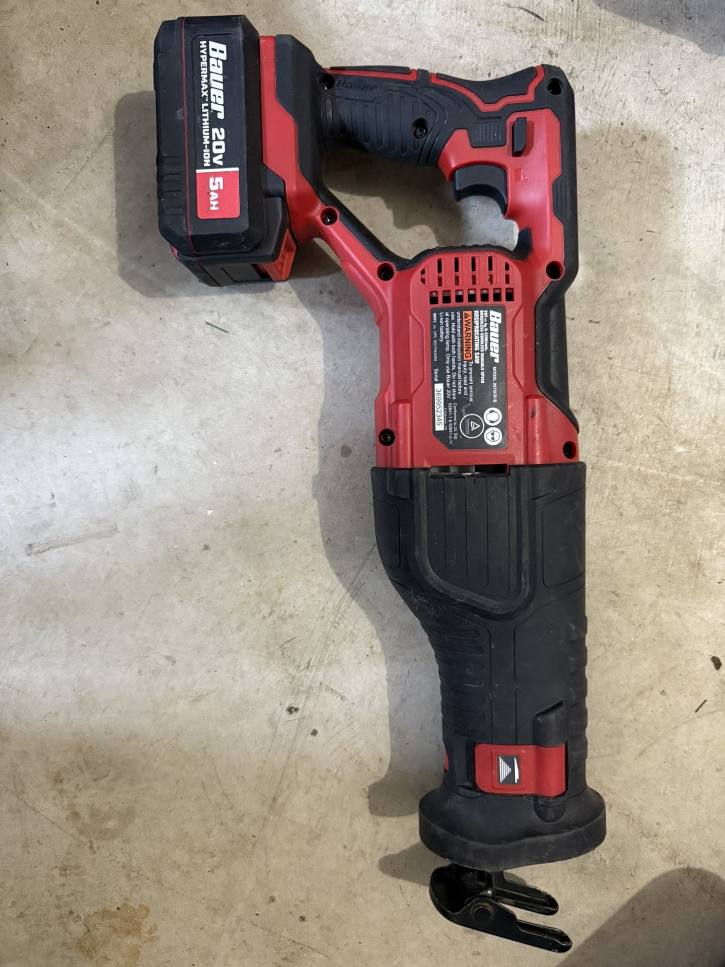 Bauer 20V Cordless Reciprocating Saw with 5.0Ah Battery – Model 2075CR-B